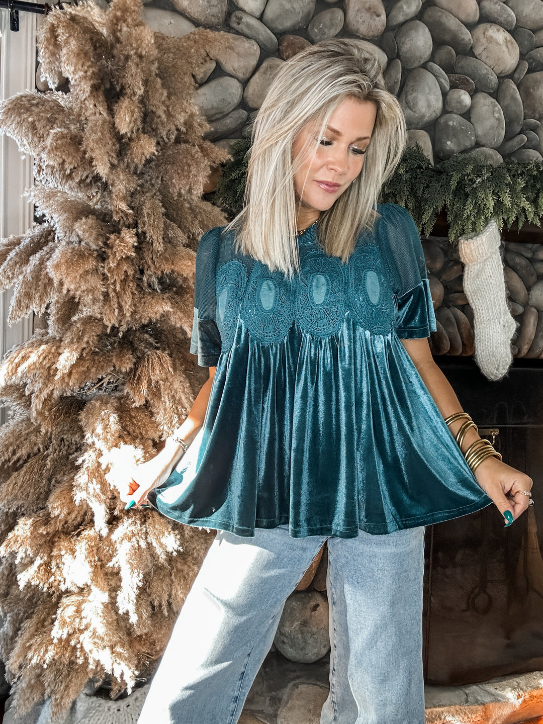 Winter Whisper Velvet Babydoll Top - Teal