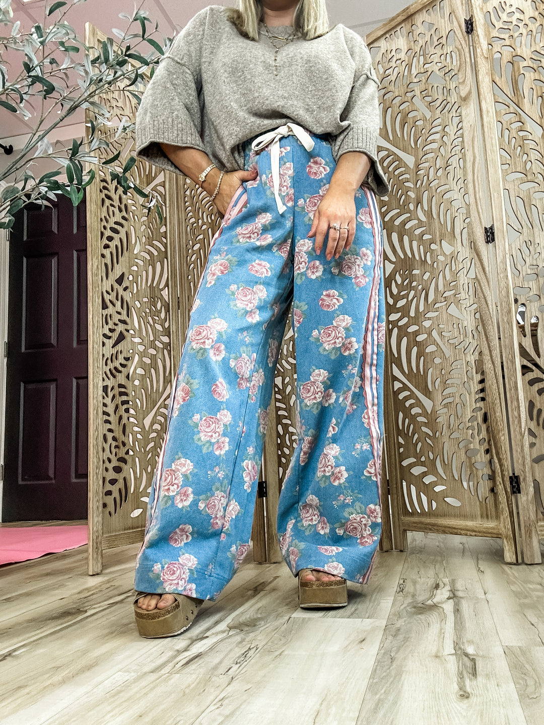 Floral Printed Lace Denim