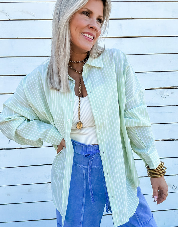 Hidden Cove Striped Woven Top - Green
