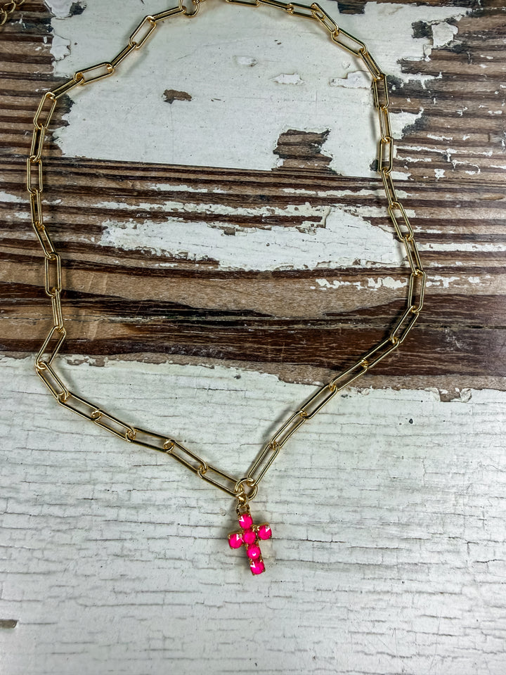 Electric Pink Cross Necklacr