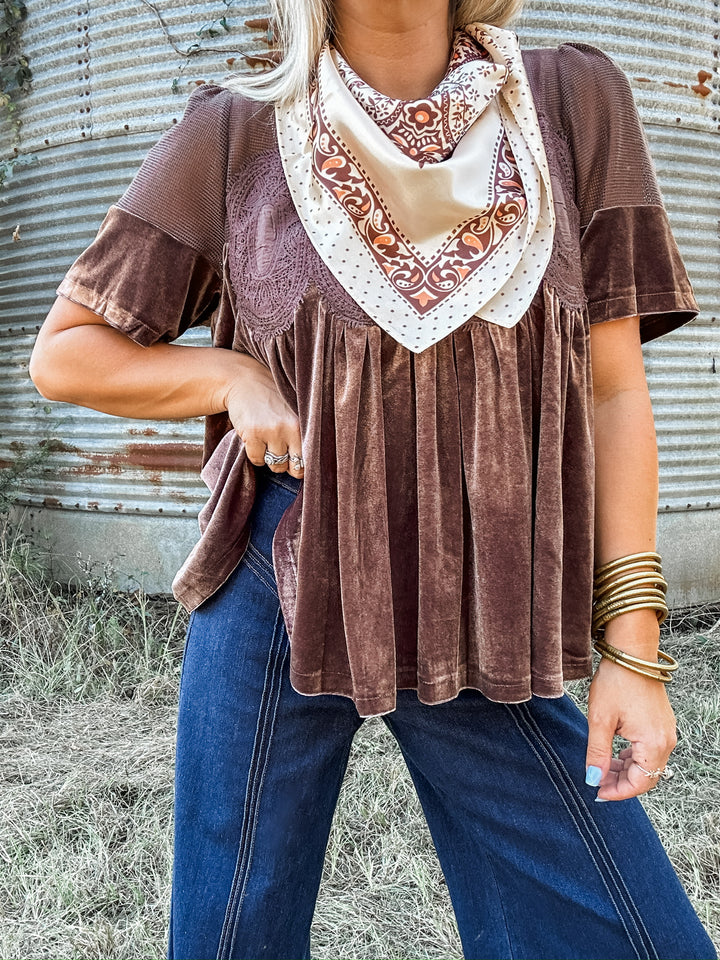 Winter Whisper Velvet Babydoll Top - Brown