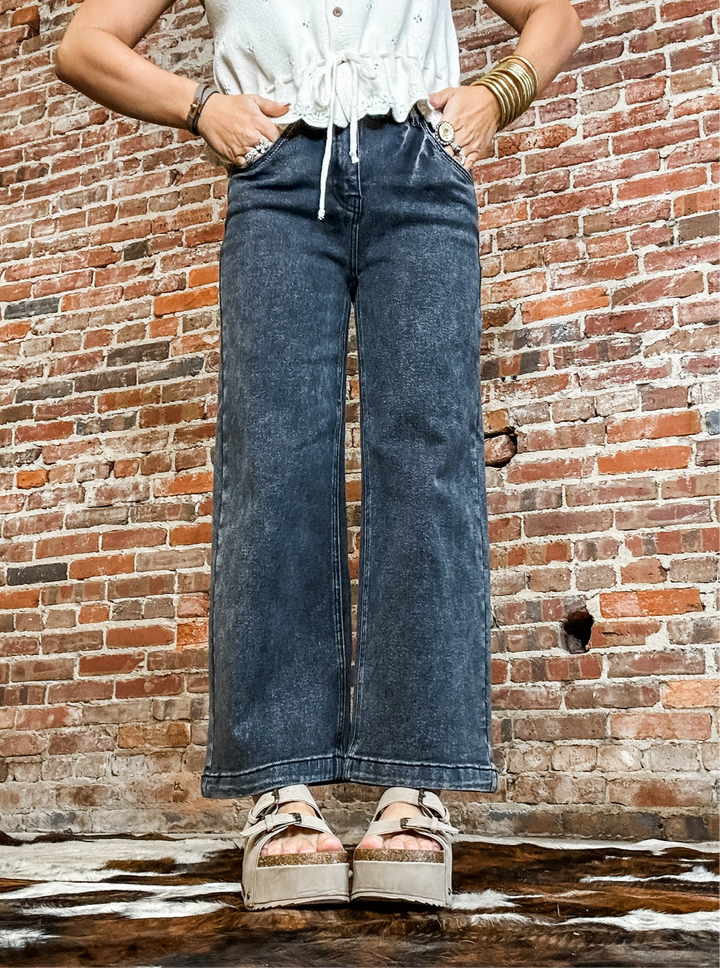 Bad Habit Washed Black Wide Crop Denim