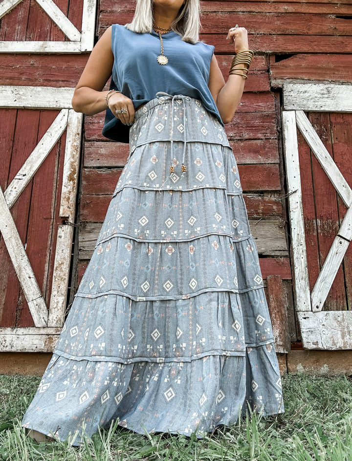 Washed Denim Bloom Maxi Skirt