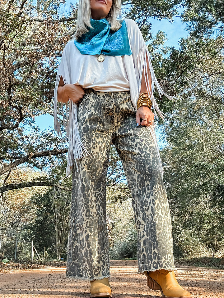 True Story Leopard Crop Button Fly Denim