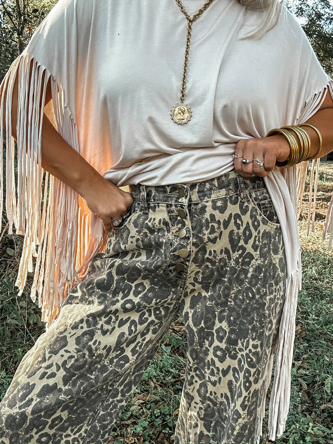 True Story Leopard Crop Button Fly Denim