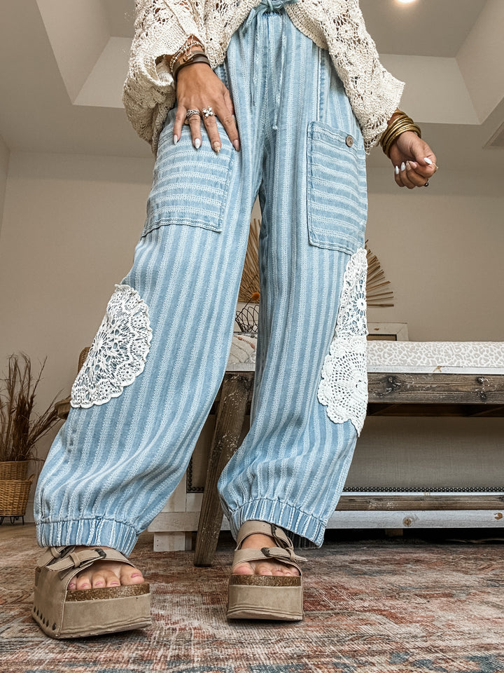 Crochet & Denim Lace Patch Joggers