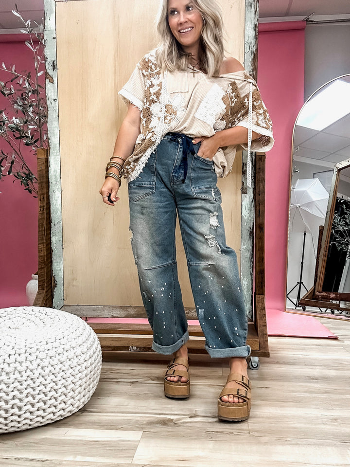 Paint Me A Picture Distressed Barrel Jeans
