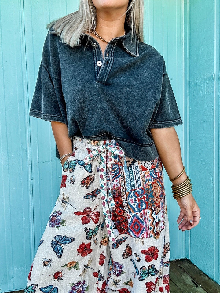 Free Spirit Black Mineral Washed Collared Top