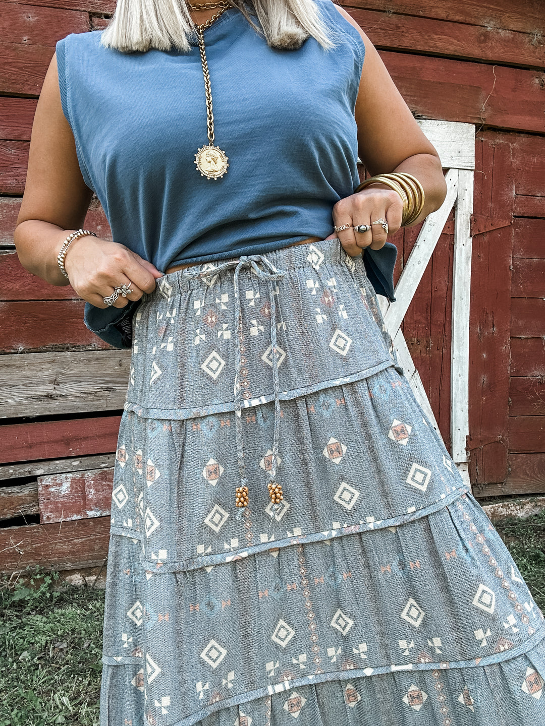 Washed Denim Bloom Maxi Skirt