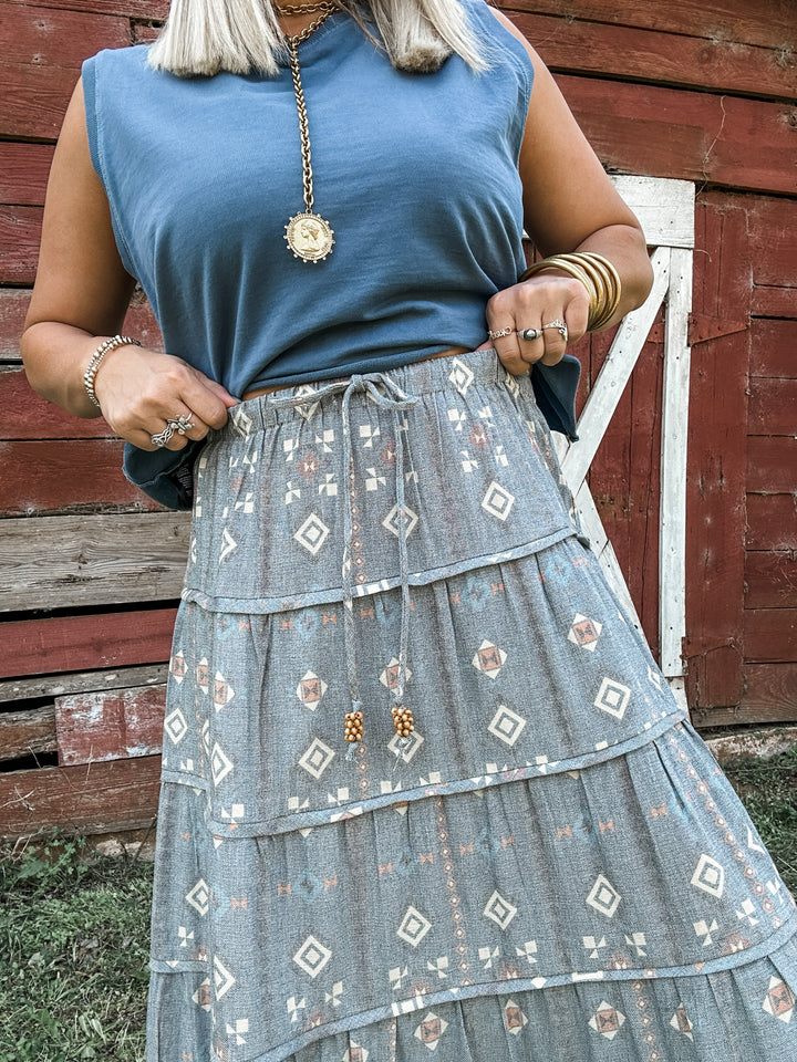 Washed Denim Bloom Maxi Skirt