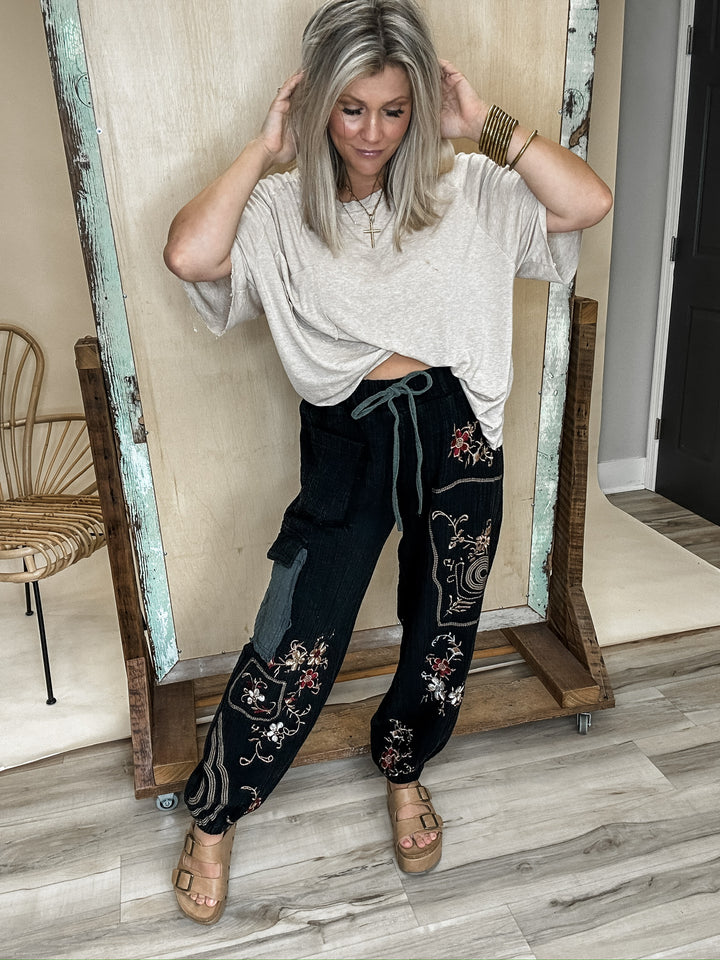 Twisted Bloom Embroidered Joggers