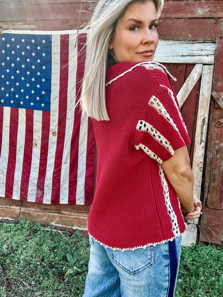 Crimson & Clay Pointelle Striped Collar Knit Top