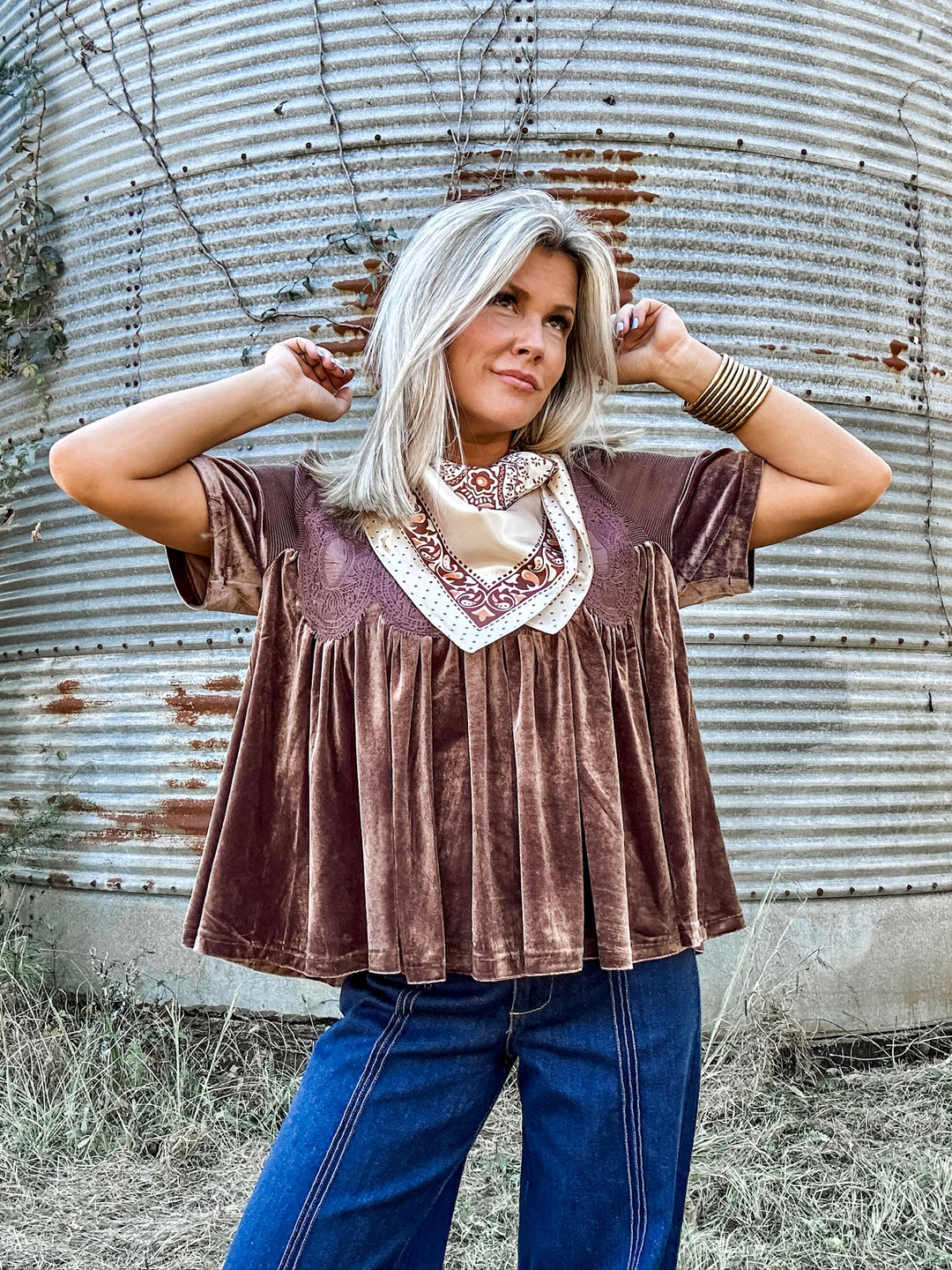 Winter Whisper Velvet Babydoll Top - Brown