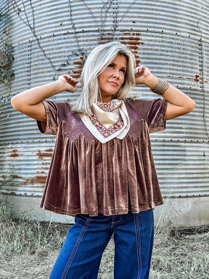 Winter Whisper Velvet Babydoll Top - Brown