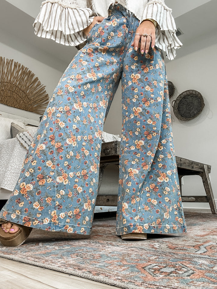 Faded Florals Wide Denim