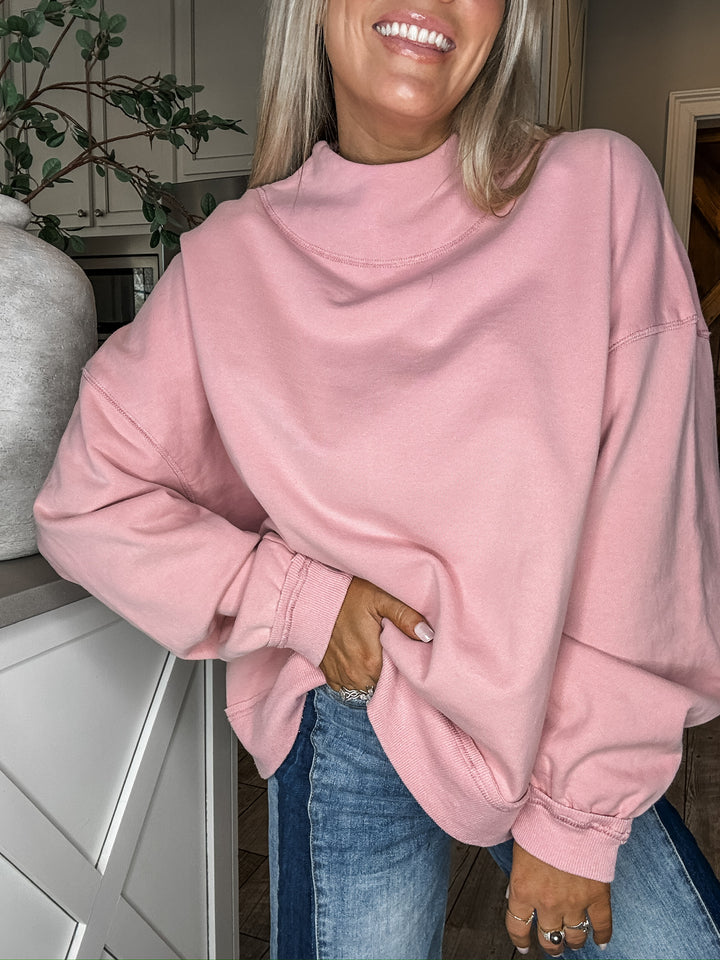 Perfectly Worn Mineral Wash Mock Neck - Pink