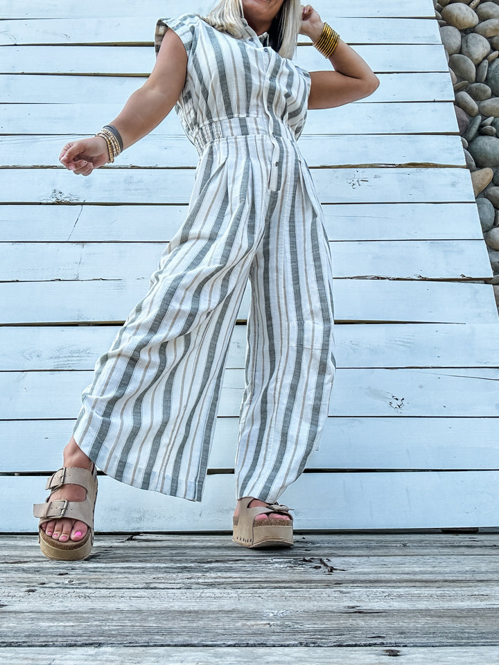Easy Win Olive Stripe Jumpsuit
