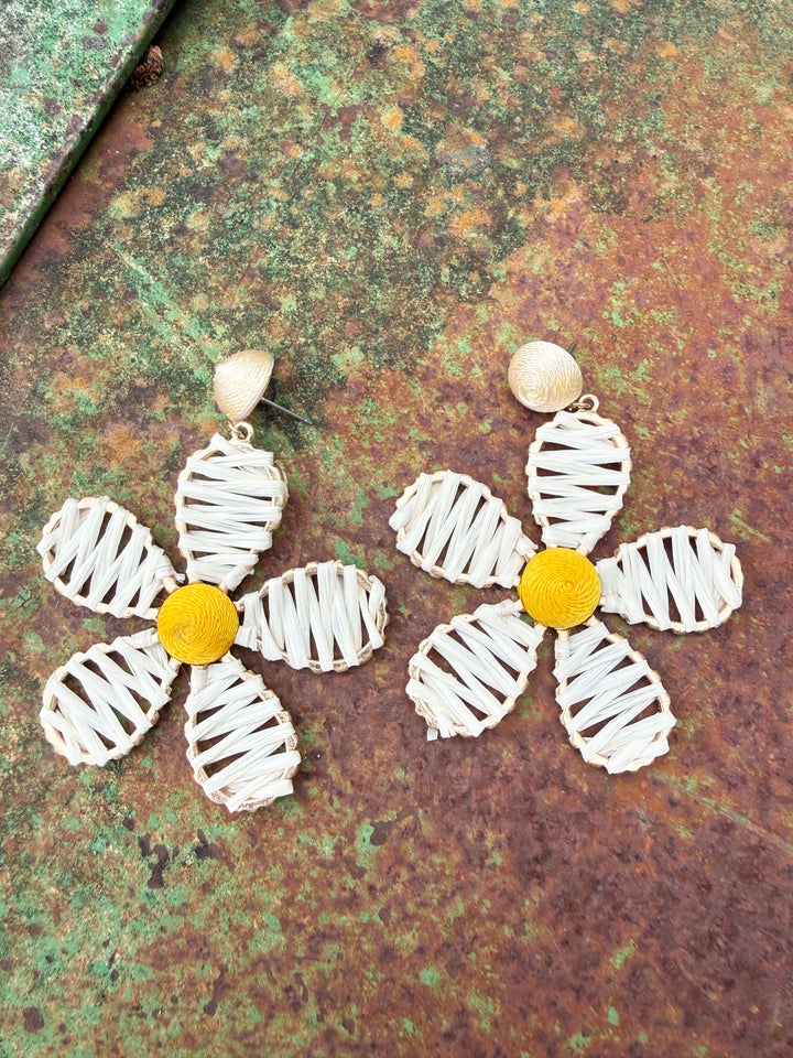 Raffia and Thread Flower Earrings