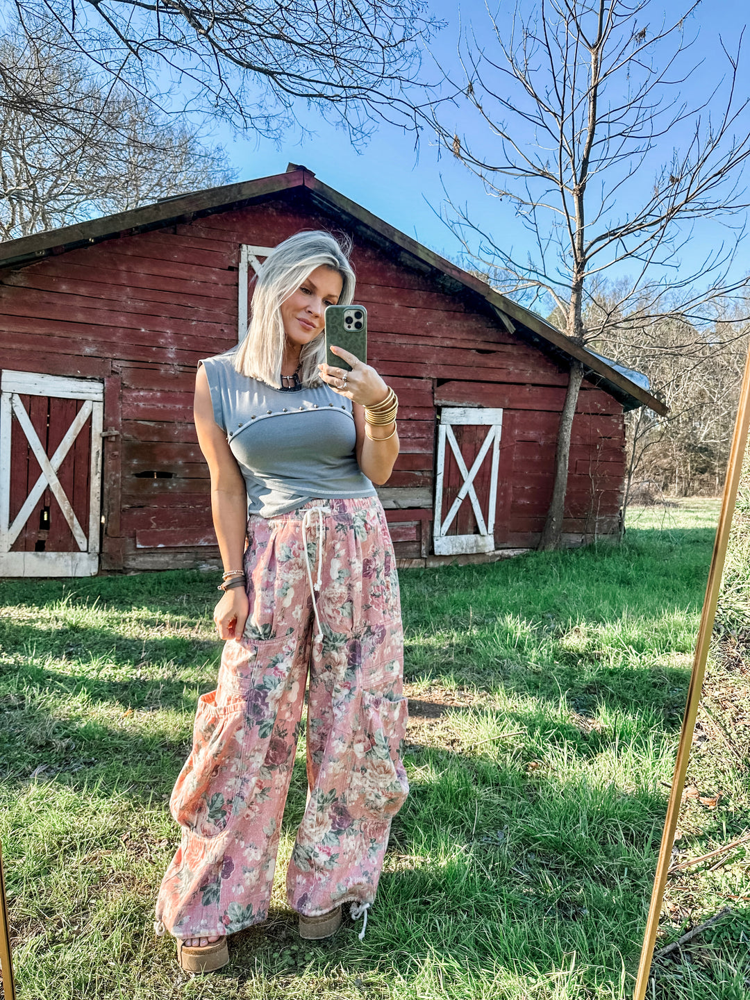 Memory Lane Floral Denim Bottoms - Rose