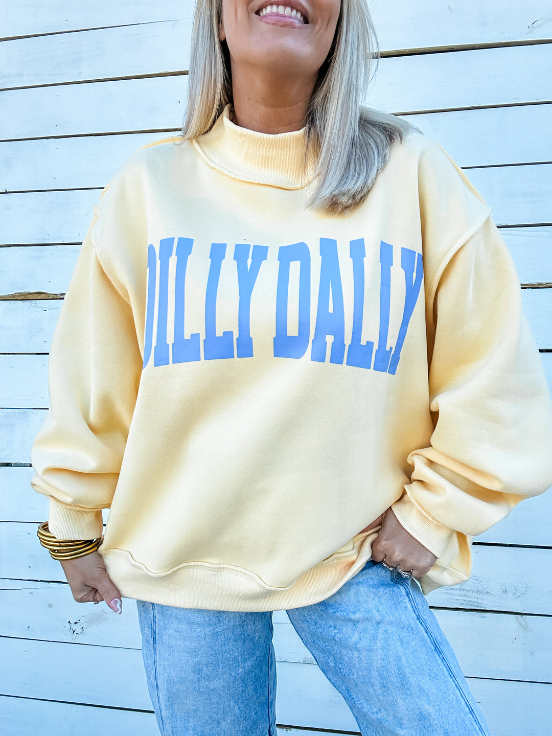 Dilly Dally Mock Neck Sweatshirt - Butter Yellow