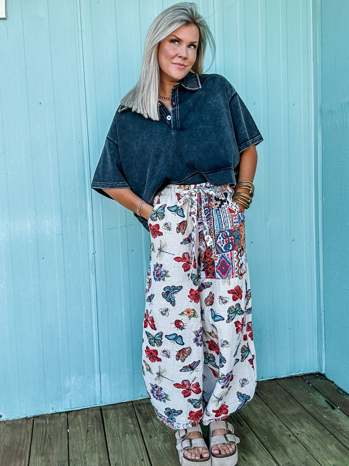 Free Spirit Black Mineral Washed Collared Top