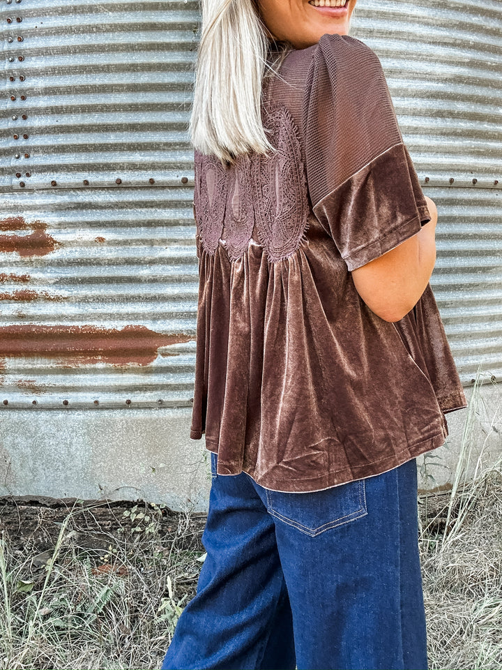 Winter Whisper Velvet Babydoll Top - Brown
