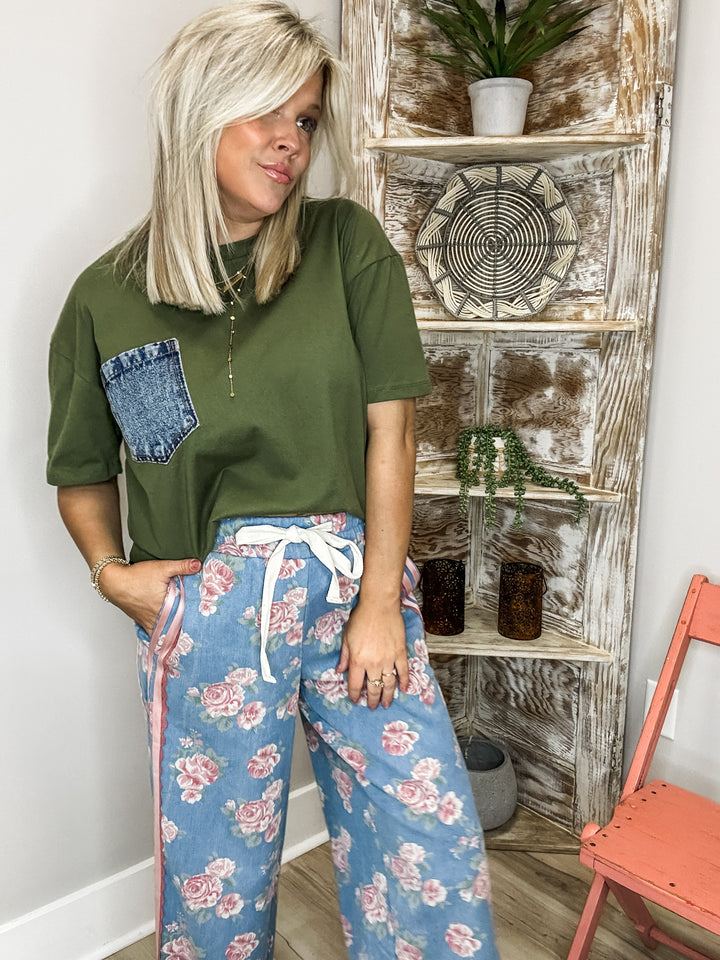 Floral Printed Lace Denim