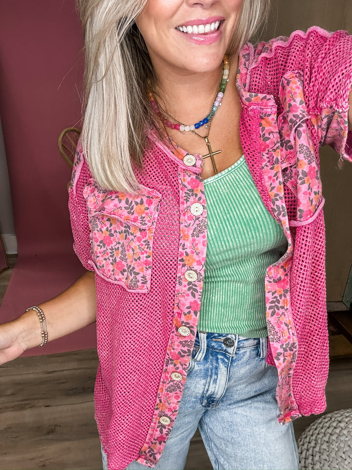 Pretty in Pink Washed Mesh Button Down Top