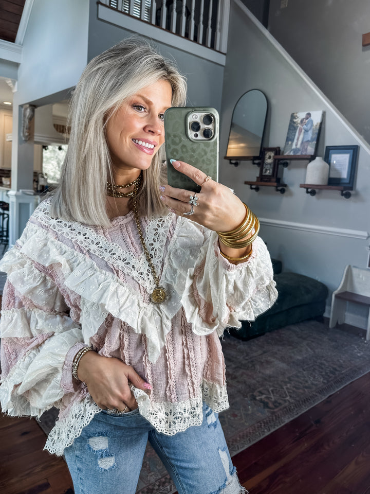 Statement Stitch Lace Top - Pink