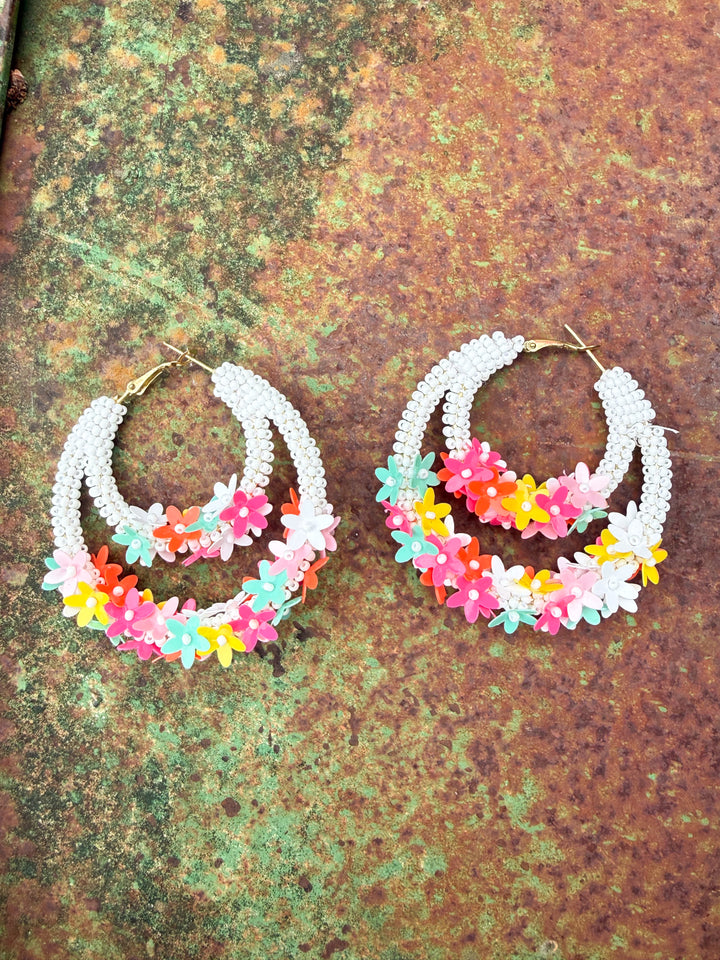 Flower Beaded Acrylic Double Hoops
