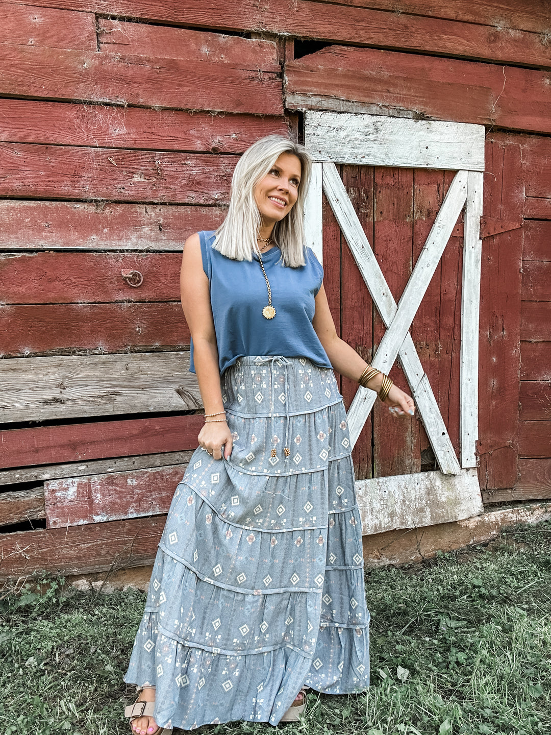 Washed Denim Bloom Maxi Skirt