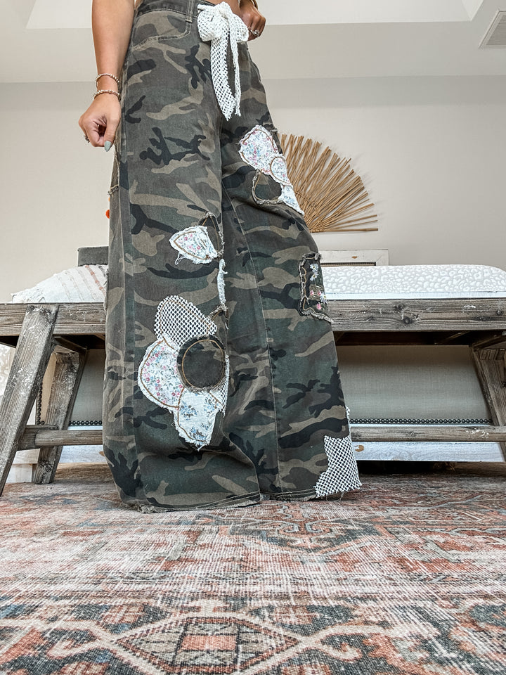Flower Trails Wide Leg Bottoms - Camo