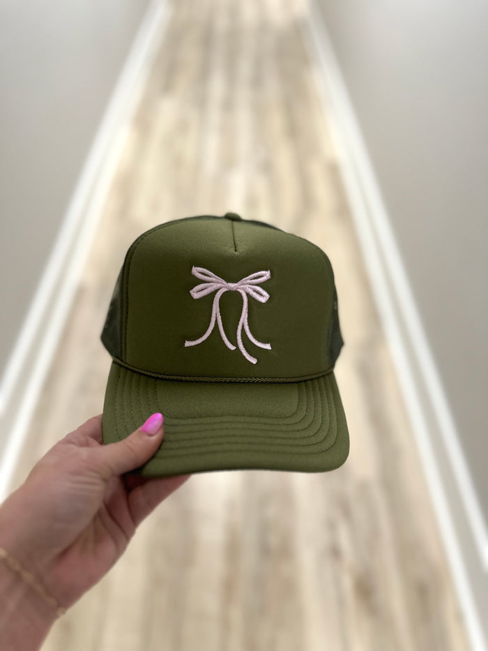 Olive Green Embroidered Bow Trucker