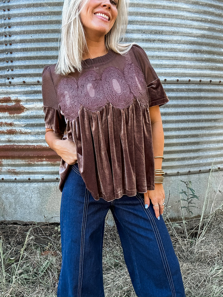 Winter Whisper Velvet Babydoll Top - Brown