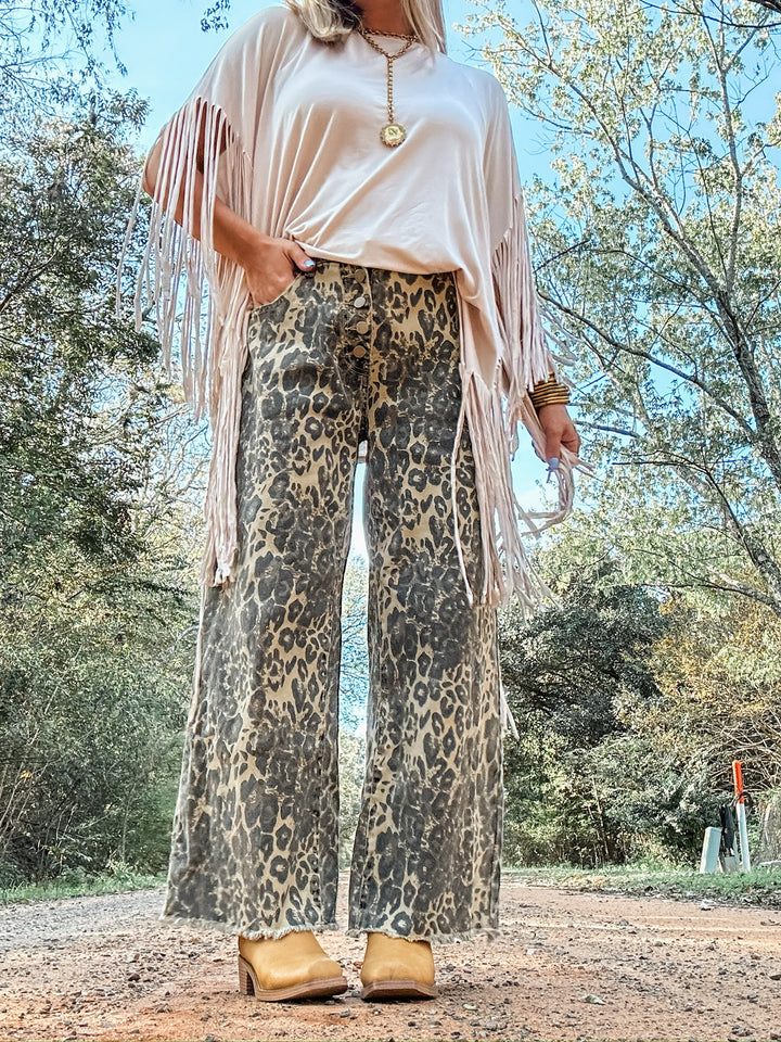 True Story Leopard Crop Button Fly Denim