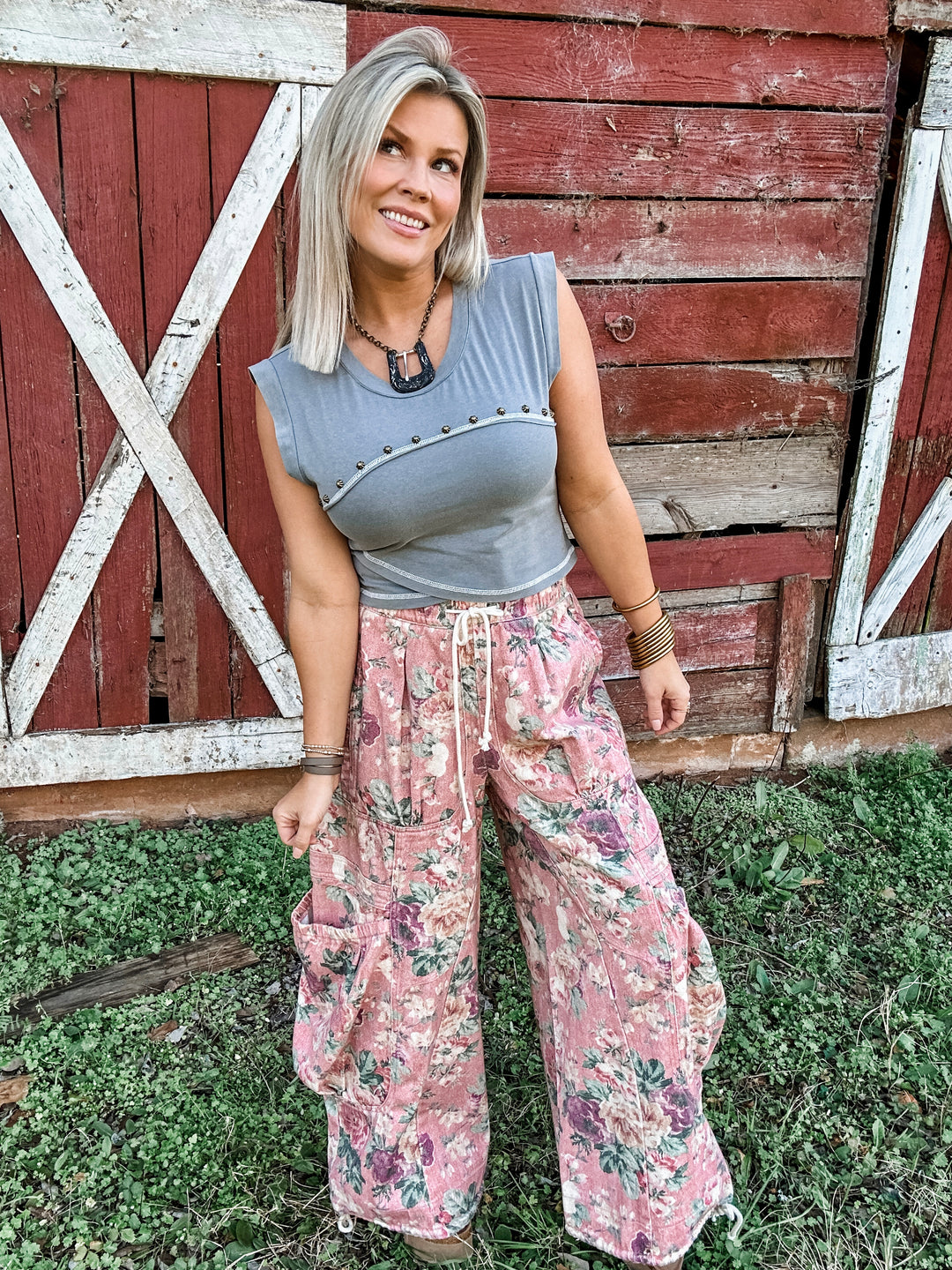 Memory Lane Floral Denim Bottoms - Rose
