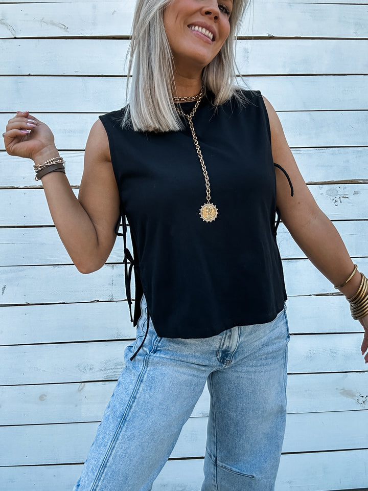 The Sweet Side Tank with Side Ties - Black