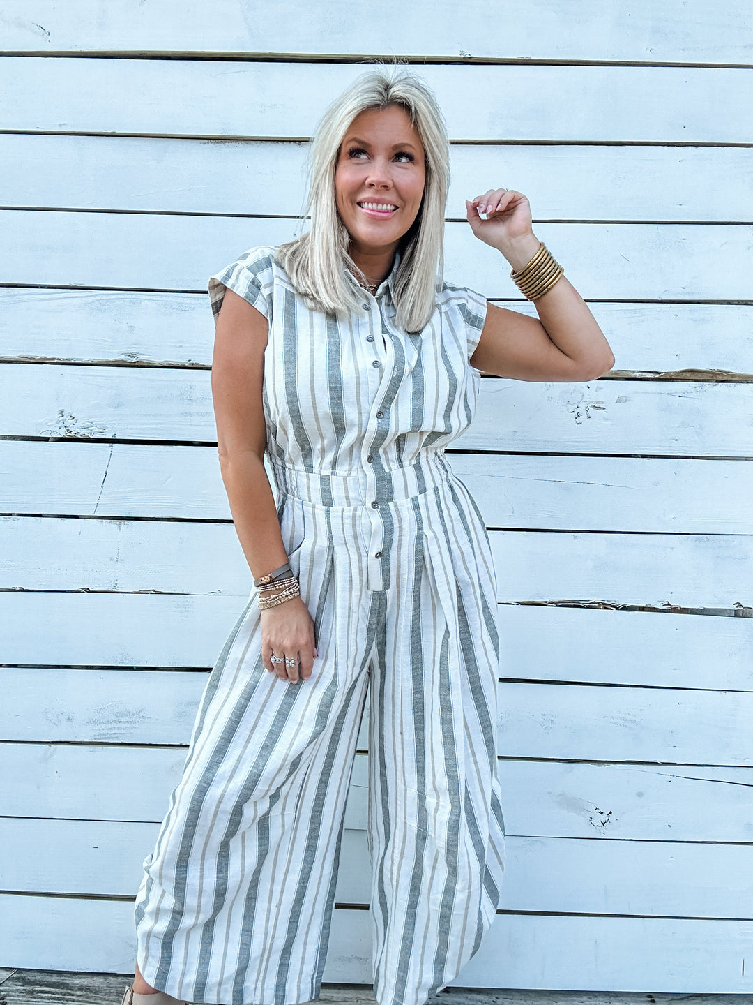 Easy Win Olive Stripe Jumpsuit