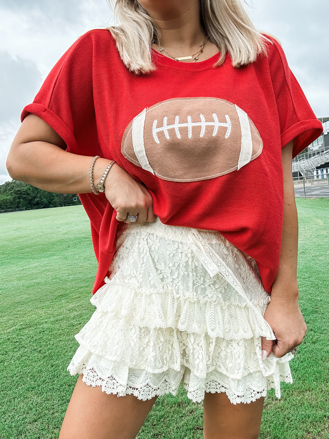 Kickoff Cutie Football Patchwork Top - Red