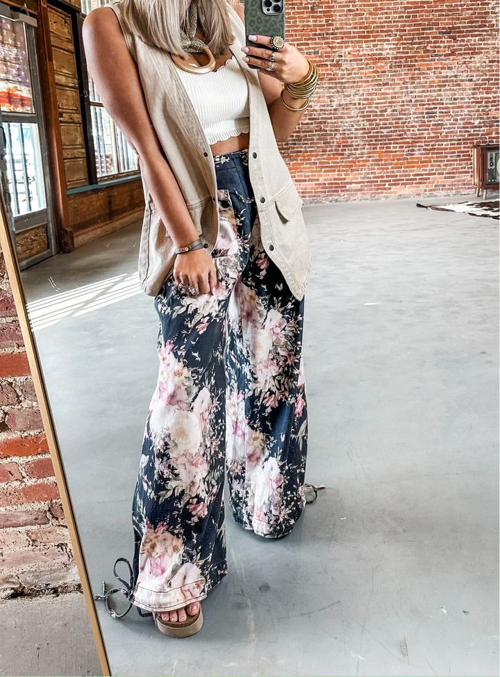 Faded Petals Floral Denim Bottoms