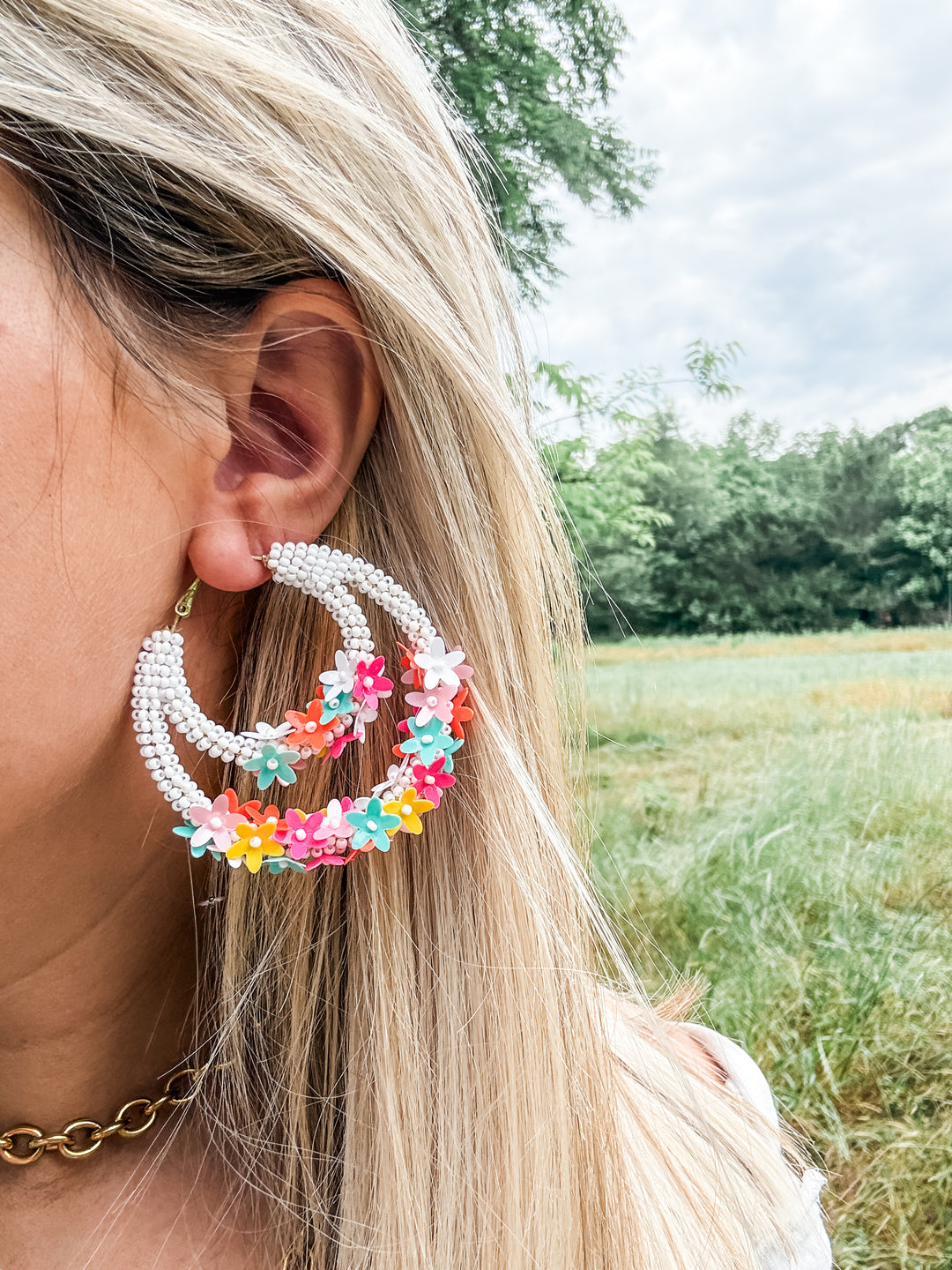 Flower Beaded Acrylic Double Hoops