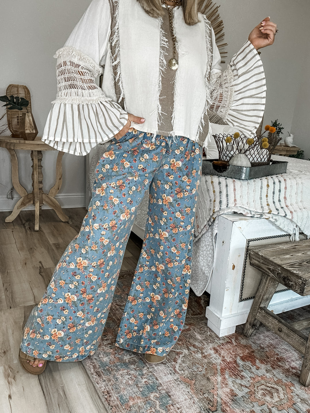 Faded Florals Wide Denim