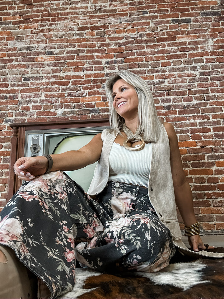 Faded Petals Floral Denim Bottoms