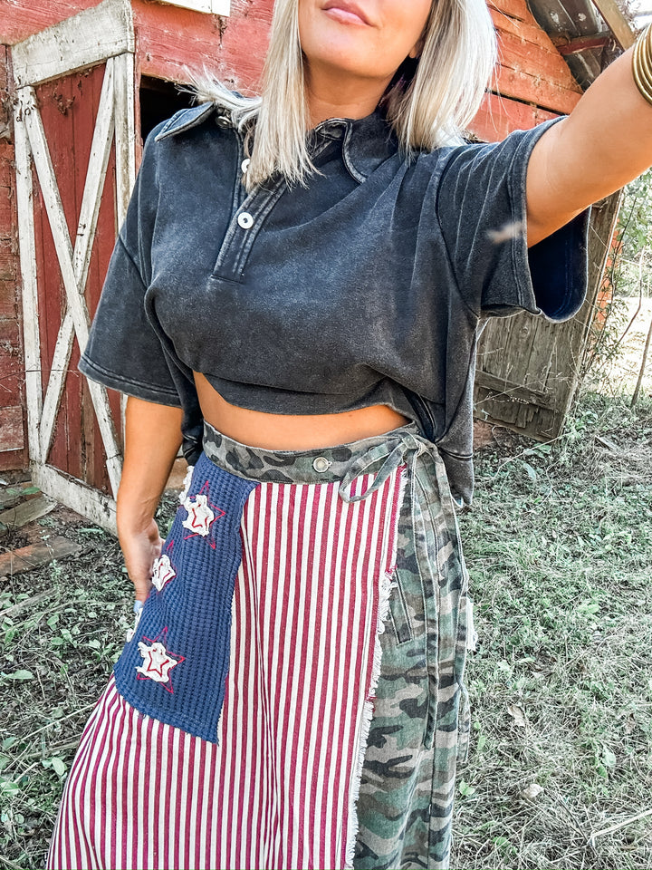 Free Spirit Black Mineral Washed Collared Top