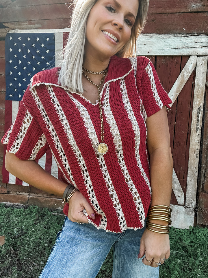 Crimson & Clay Pointelle Striped Collar Knit Top