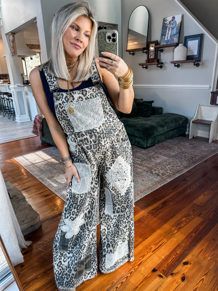 Free Spirit Leopard Patchwork Overalls