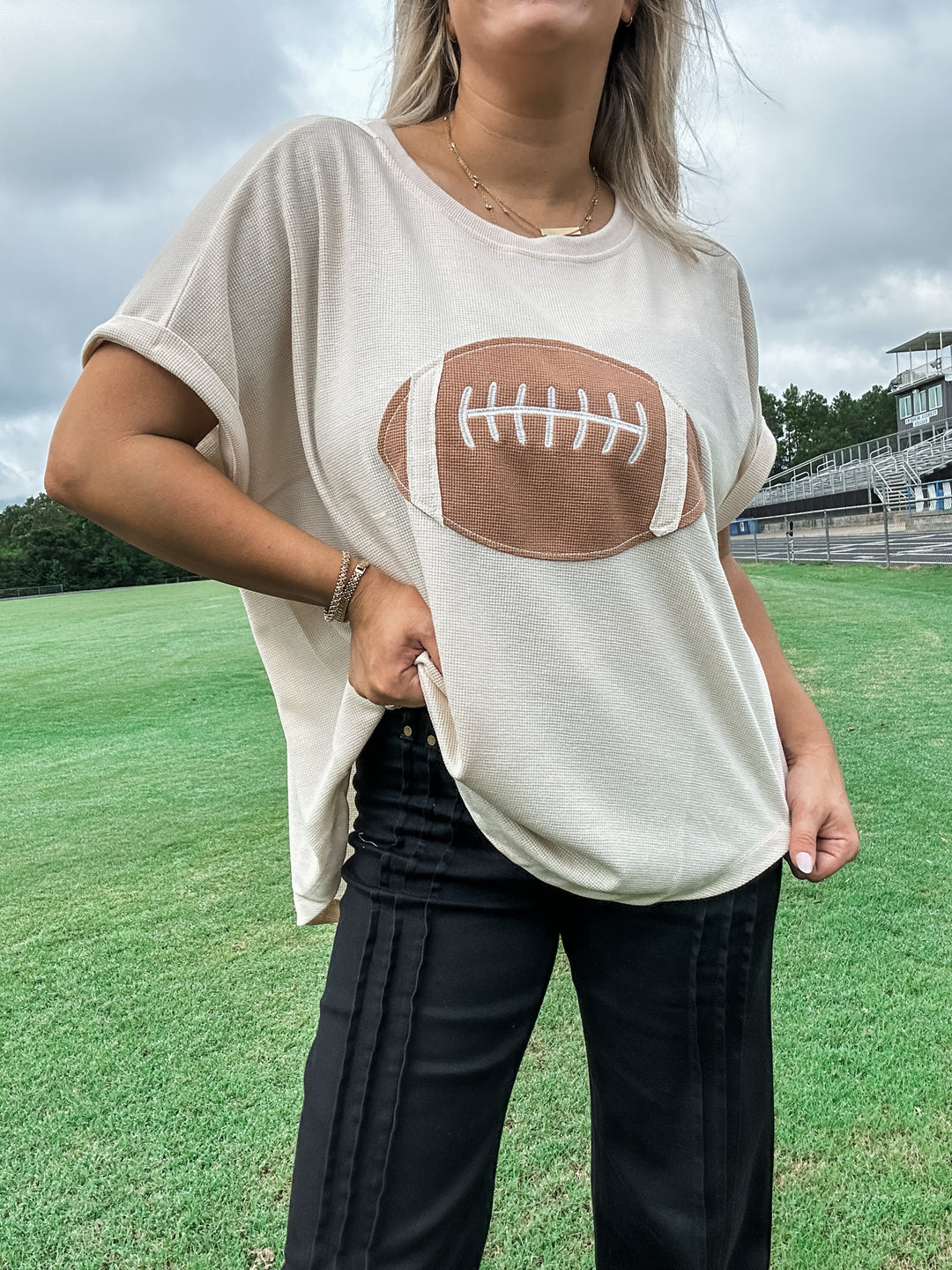 Kickoff Cutie Football Patchwork Top - Oatmeal