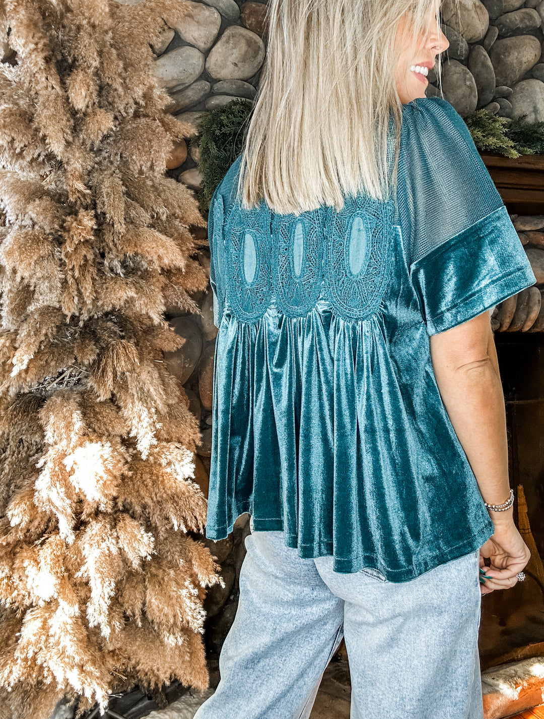 Winter Whisper Velvet Babydoll Top - Teal
