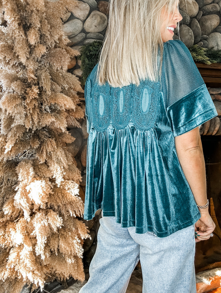 Winter Whisper Velvet Babydoll Top - Teal