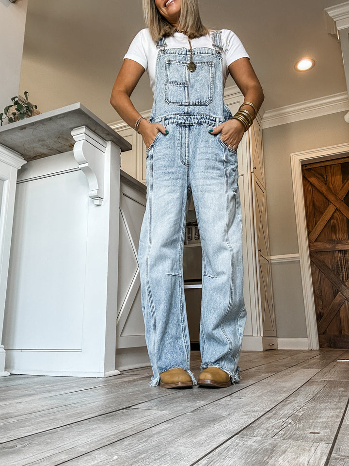 Believe Me Barrel Overalls - Light Wash